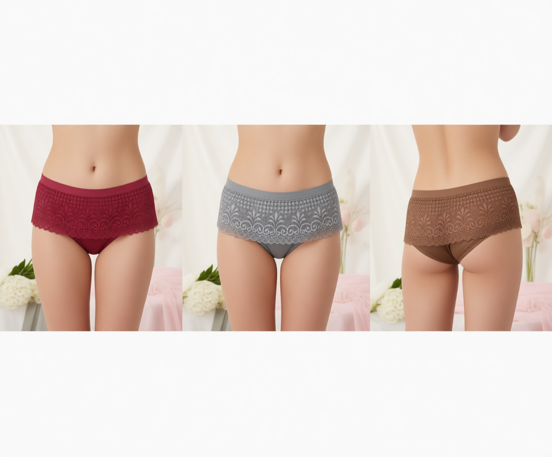 Women’s Lace Bikini Panty – Ultra Soft, Stretchable & Breathable | Stylish Comfort Wear for Daily Use (Pack of 3)